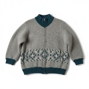 Vtg Alafoss Icewool Iceland Jacket Sweater‎ Coat Lined Gray Teal Blue Nordic M